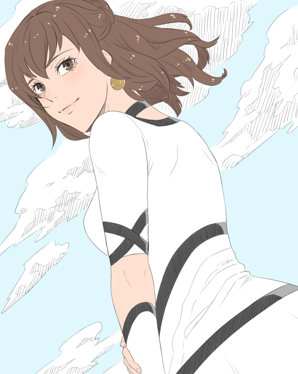 1girl, black_choker, breasts, brown_eyes, brown_hair, choker, closed_mouth, clouds