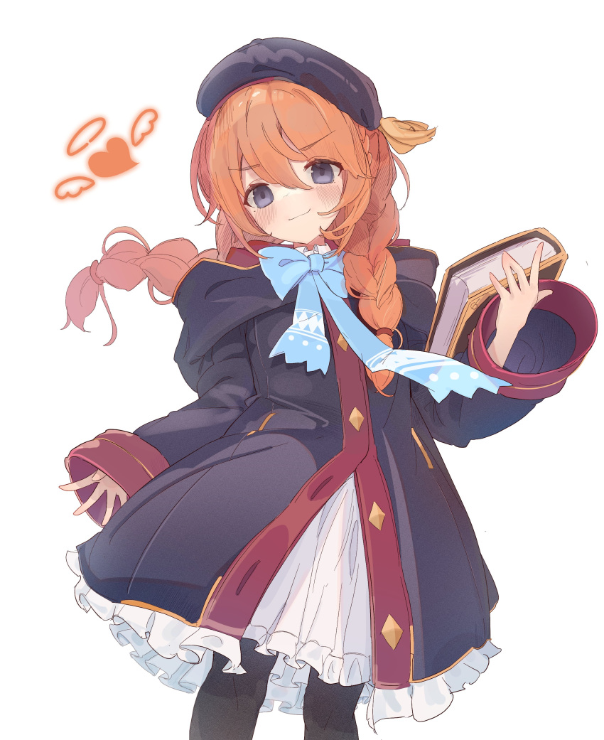 1girl, absurdres, bangs, beret, black_coat, black_headwear, black_legwear, blue_eyes
