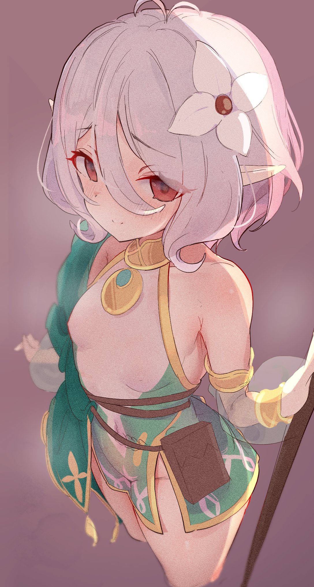 1girl, antenna_hair, bangs, blush, breasts, covered_navel, covered_nipples, cropped_legs
