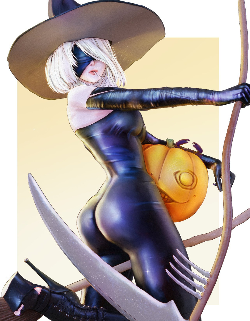 1girl, android, ass, bare_shoulders, blindfold, bodysuit, boots, breasts