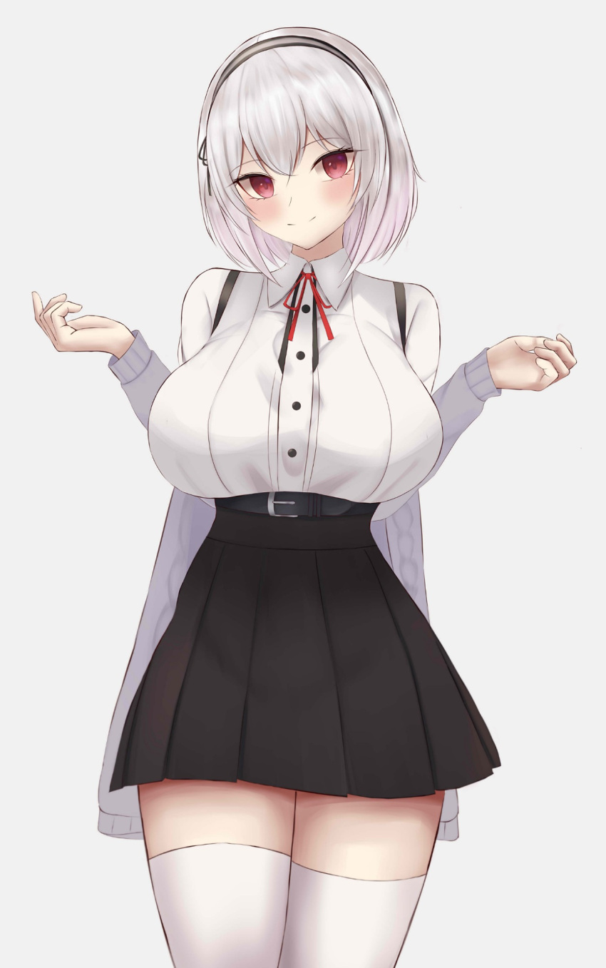 1girl, azur_lane, belt, black_belt, black_skirt, blush, breasts, cardigan