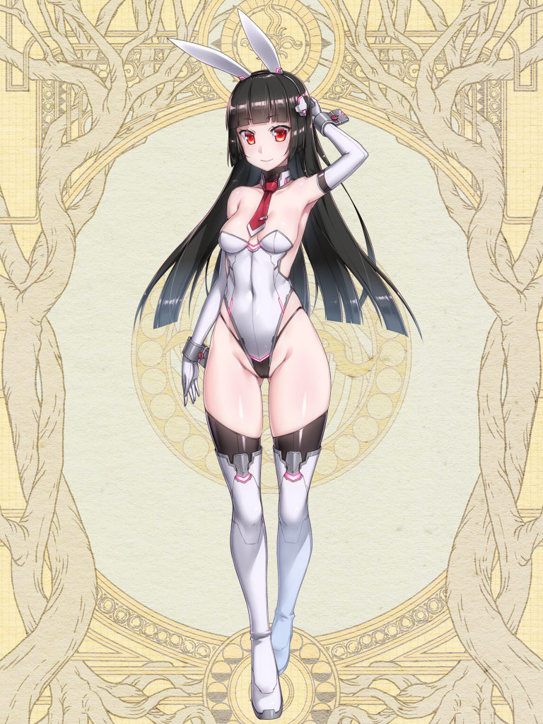 1girl, animal_ears, arm_behind_head, ass_visible_through_thighs, bangs, bare_shoulders, between_breasts, black_hair
