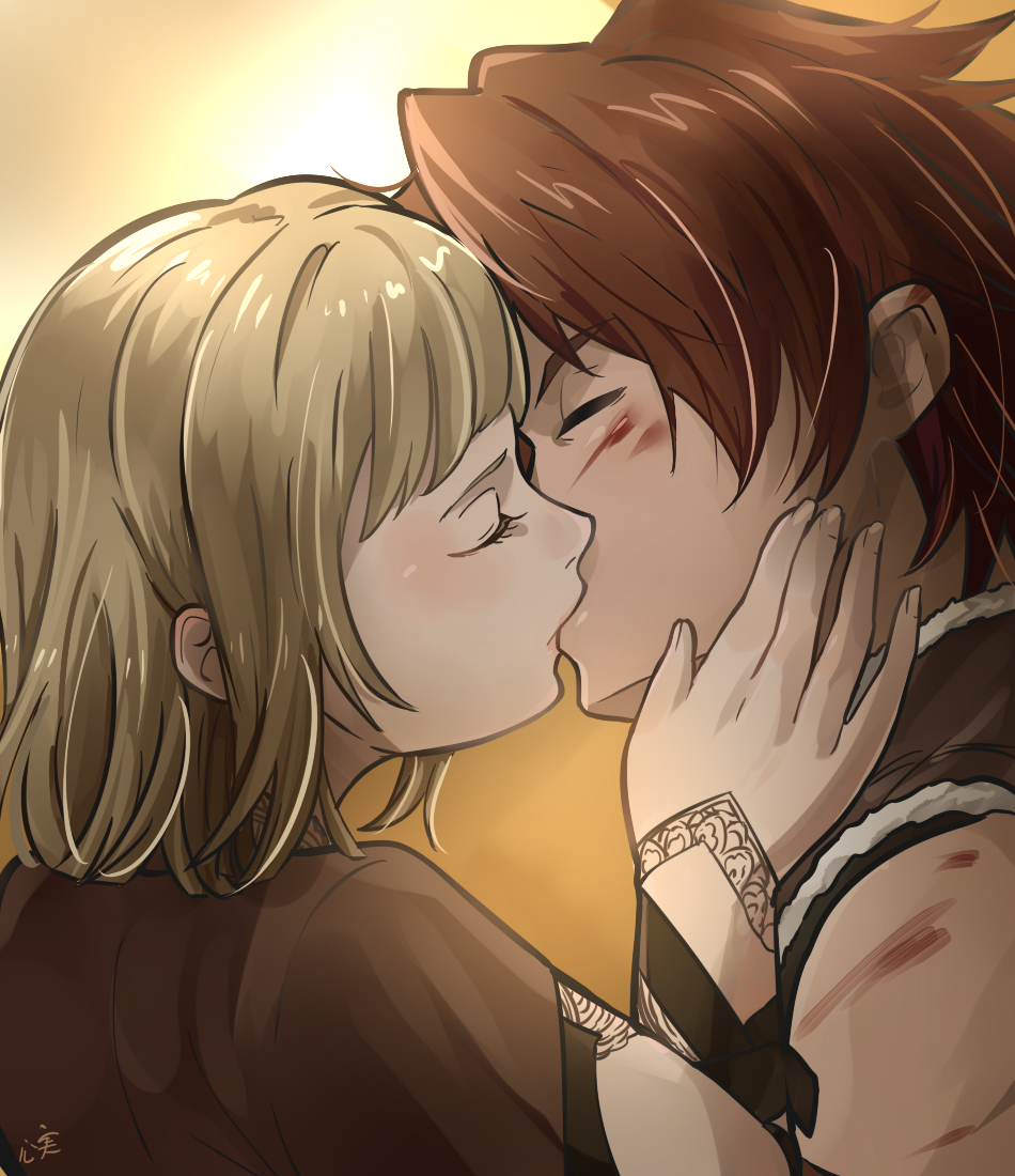 1boy, 1girl, blonde_hair, blood, blush, brown_hair, closed_eyes, drag-on_dragoon