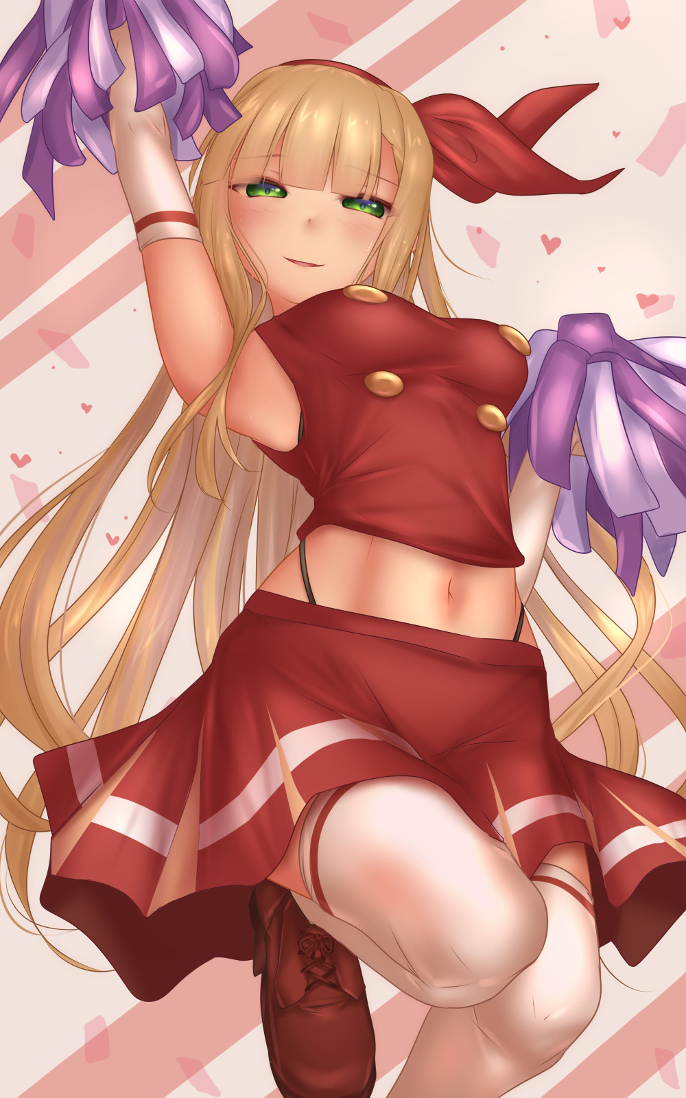 1girl, arm_up, armpits, back_bow, black_underwear, blonde_hair, bow, brown_footwear