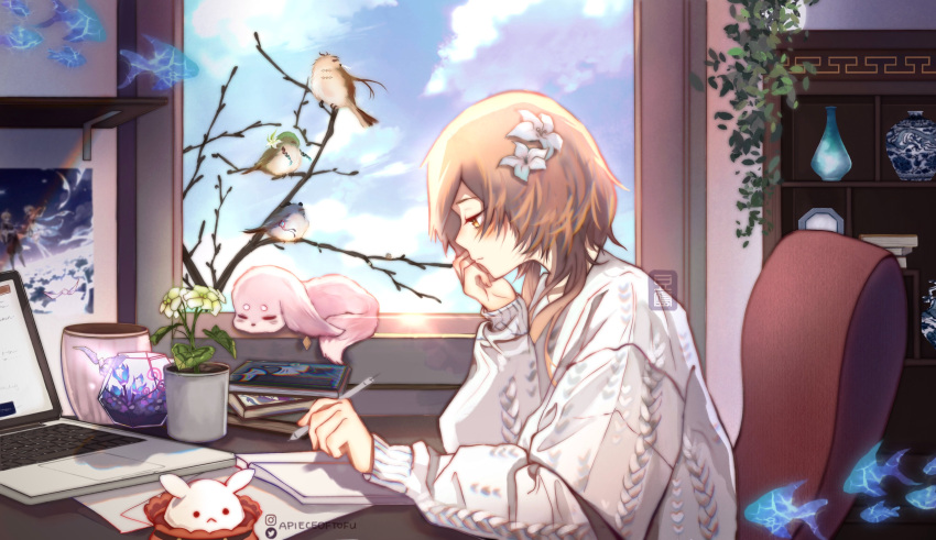 1girl, absurdres, aether_(genshin_impact), alternate_costume, animalization, apieceoftofu, arm_support, bangs