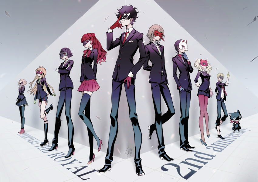5boys, 5girls, akechi_gorou, amamiya_ren, black_hair, blonde_hair, boots, brown_hair