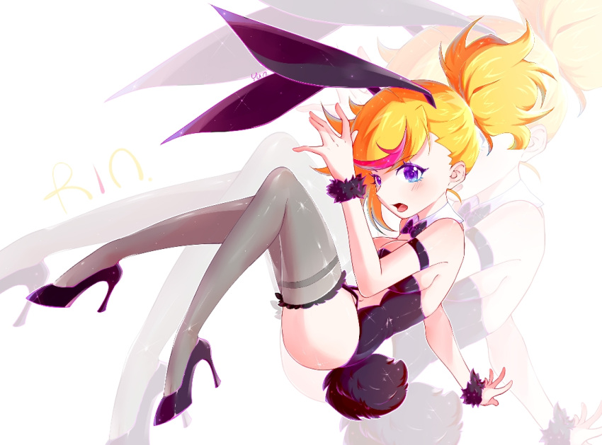 1girl, animal_ears, armlet, bare_shoulders, black_footwear, black_leotard, black_tail, blonde_hair