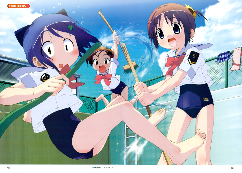 barefoot, broom, cleaning, empty_pool, gakuen_utopia_manabi_straight, gakuen_utopia_manabi_straight!, highres, hose