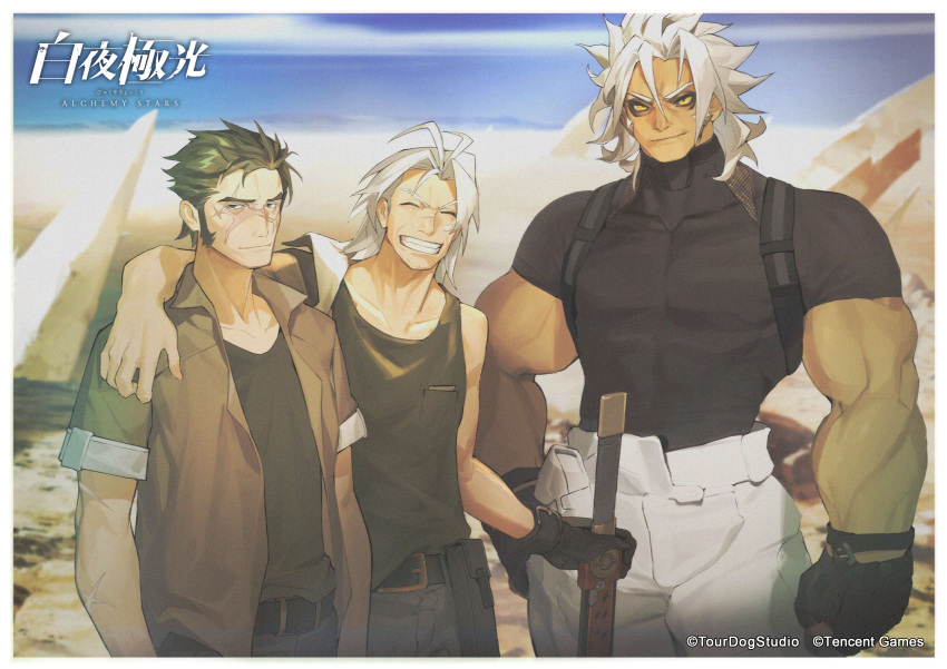 3boys, absurdres, alchemy_stars, antenna_hair, arm_over_shoulder, bandaid, bandaid_on_face, belt