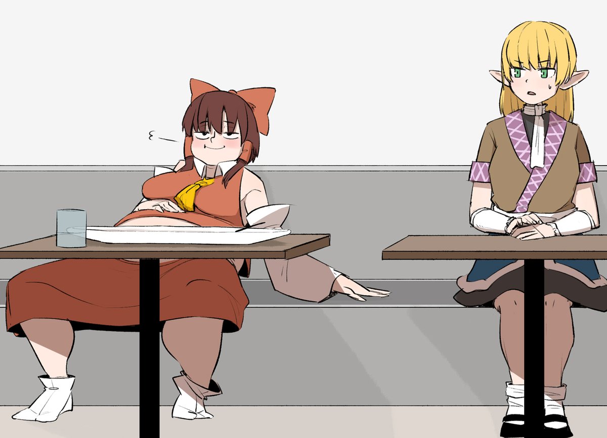 2girls, :i, after_meal, alternate_eye_color, arm_warmers, bad_id, bad_twitter_id, bangs