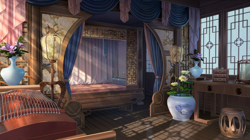 architecture, bed, chinese_commentary, commentary_request, curtains, east_asian_architecture, flower, flower_pot