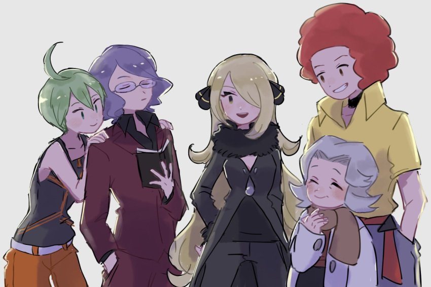 2girls, 3boys, aaron_(pokemon), afro, ahoge, bangs, bertha_(pokemon), black_choker