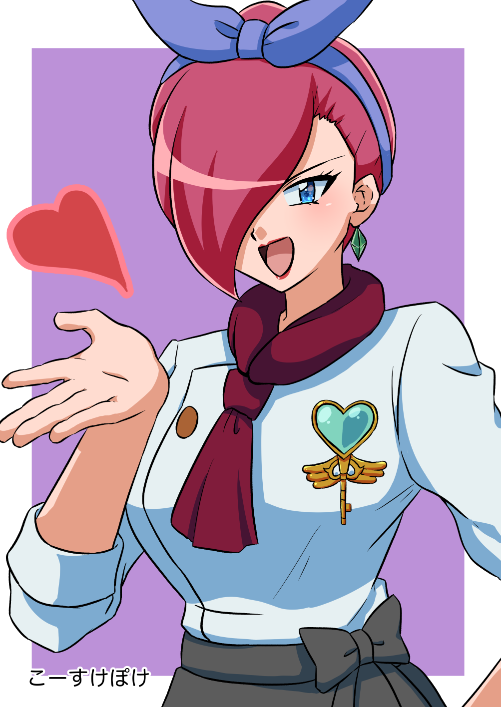 1girl, :d, alternate_costume, ascot, bangs, blue_eyes, border, bow_hairband