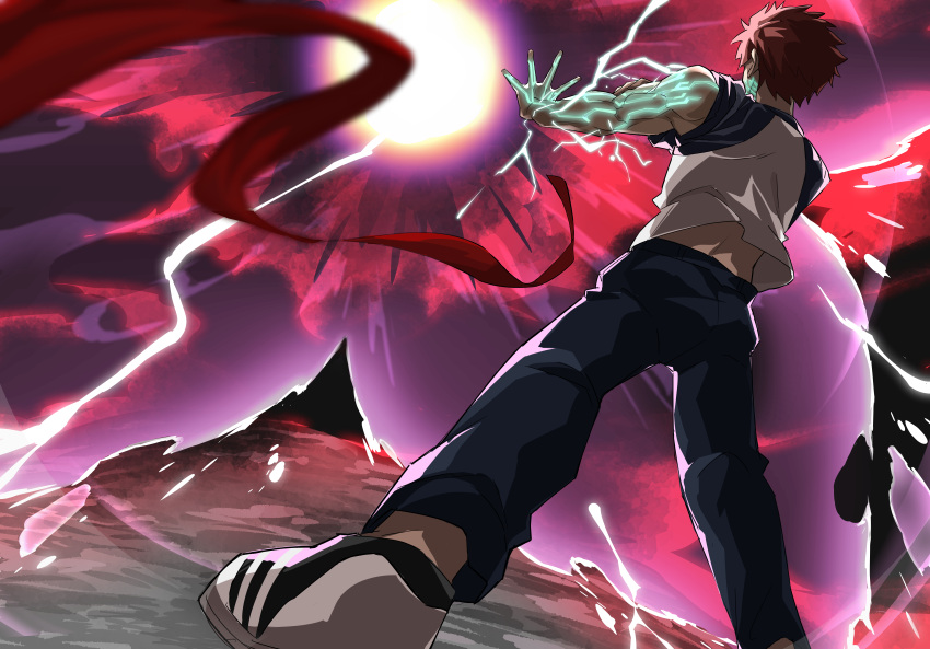 1boy, absurdres, blue_pants, emiya_shirou, fate/stay_night, fate_(series), from_behind, highres