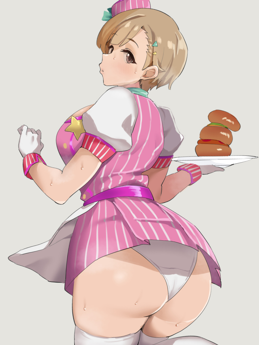 1girl, apron, bangs, becky-4545, breasts, brown_eyes, brown_hair, burger