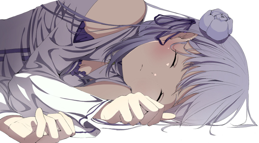 1girl, bangs, bare_shoulders, blunt_bangs, closed_eyes, emilia_(re:zero), flower, frills