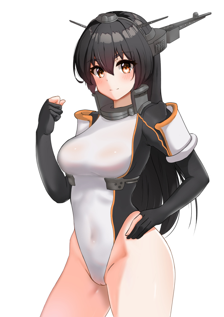 1girl, absurdres, black_hair, black_swimsuit, breasts, brown_eyes, cowboy_shot, headgear, highleg, highleg_swimsuit, highres, kantai_collection, large_breasts, long_hair, multicolored_clothes, multicolored_swimsuit, nagato_(kancolle), one-piece_swimsuit, simple_background, sing152, solo, standing, swimsuit, white_background, white_swimsuit