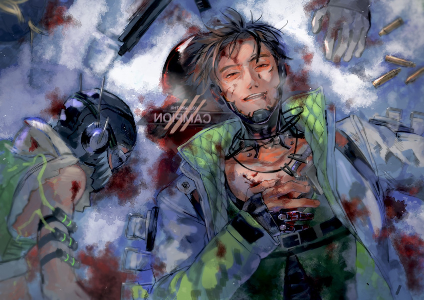 2boys, apex_legends, black_headwear, blonde_hair, blood, blood_on_face, cable, collarbone