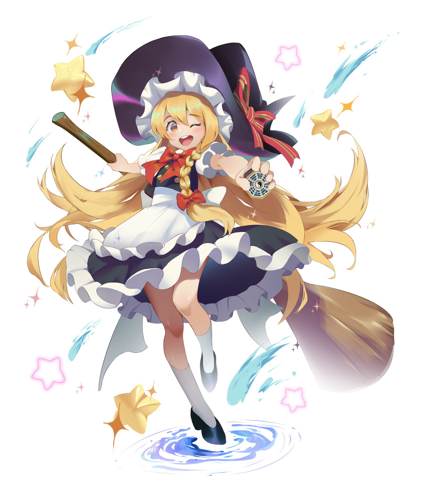 1girl, ;d, black_dress, black_footwear, blonde_hair, bow, braid, broom