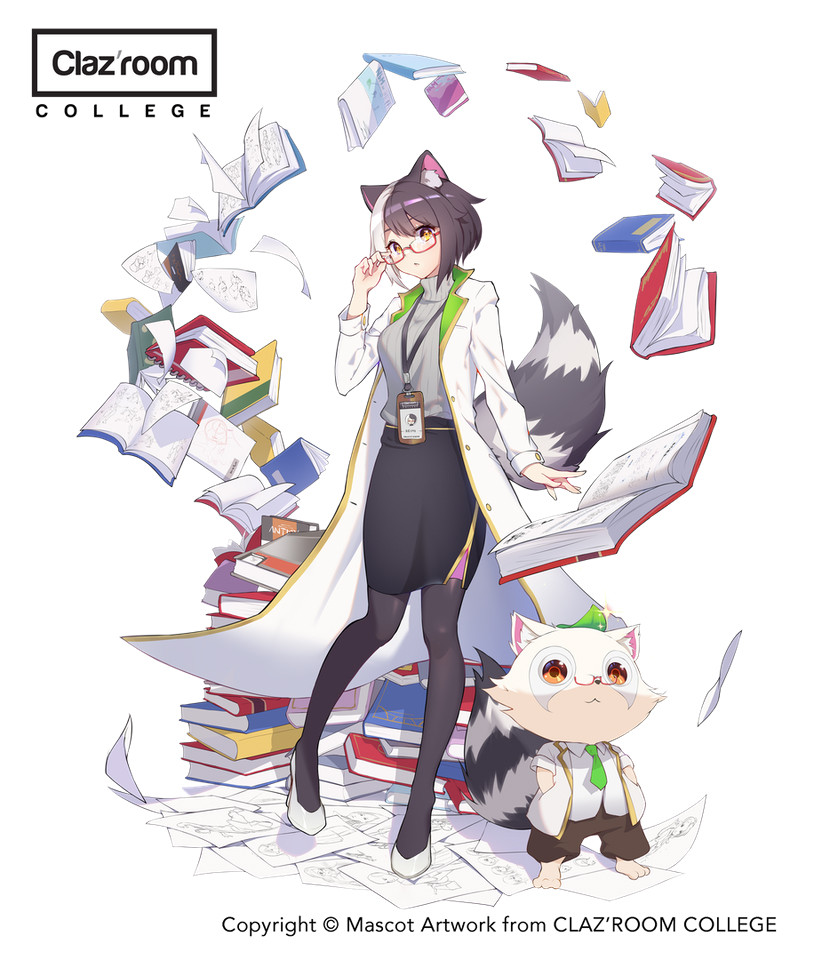 1girl, adjusting_eyewear, animal_ears, black_skirt, book, book_stack, brown_eyes, cat