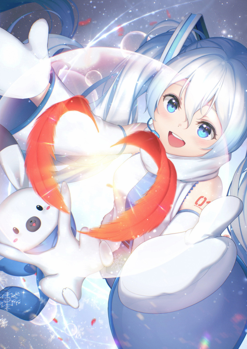1girl, 1other, :d, arm_tattoo, arms_up, bare_shoulders, blue_eyes, blue_neckwear