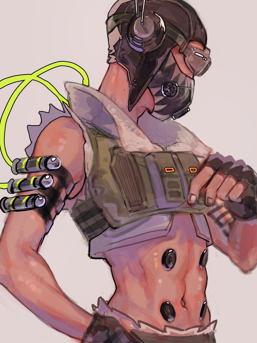 1boy, abs, apex_legends, black_gloves, black_headwear, cable, cropped_vest, fingerless_gloves