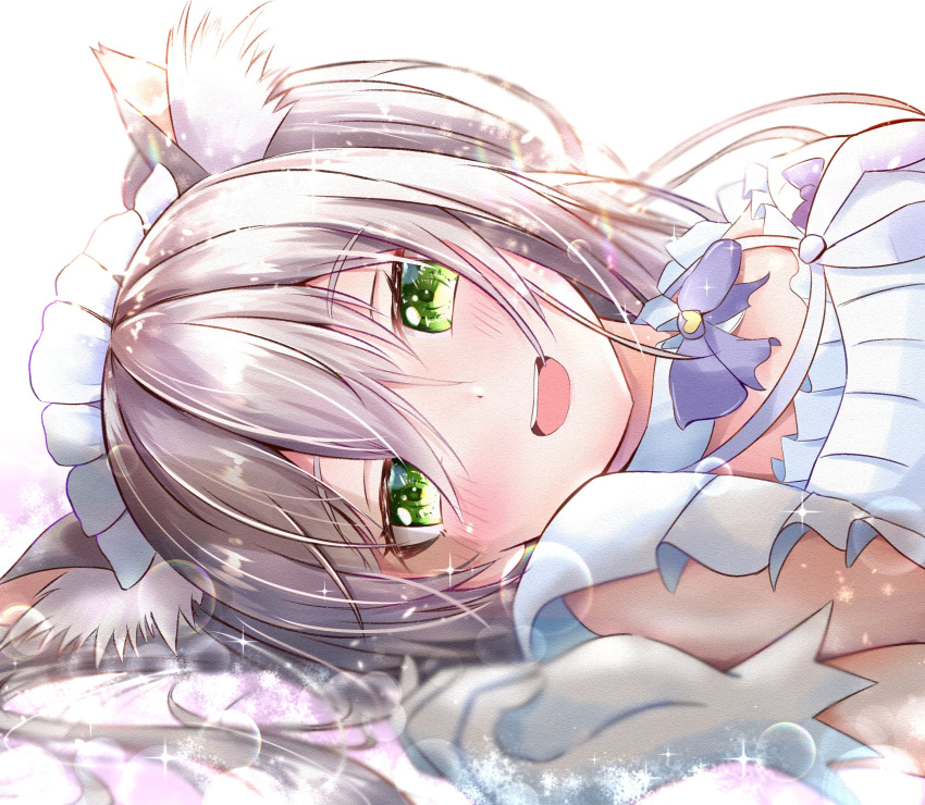 1girl, bow, dress, eyebrows_visible_through_hair, green_eyes, grey_hair, highres, looking_at_viewer