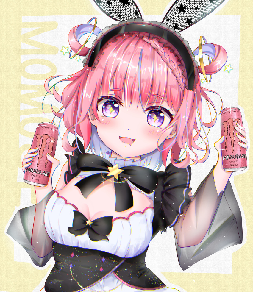 1girl, absurdres, animal_ears, apron, eyebrows_visible_through_hair, hair_ornament, hairband, highres, looking_at_viewer, maid, maid_apron, maid_headdress, masquerade_channel, momose_meru, monster_energy, okahara_(sgvz3735), pink_hair, red_eyes, smile, virtual_youtuber
