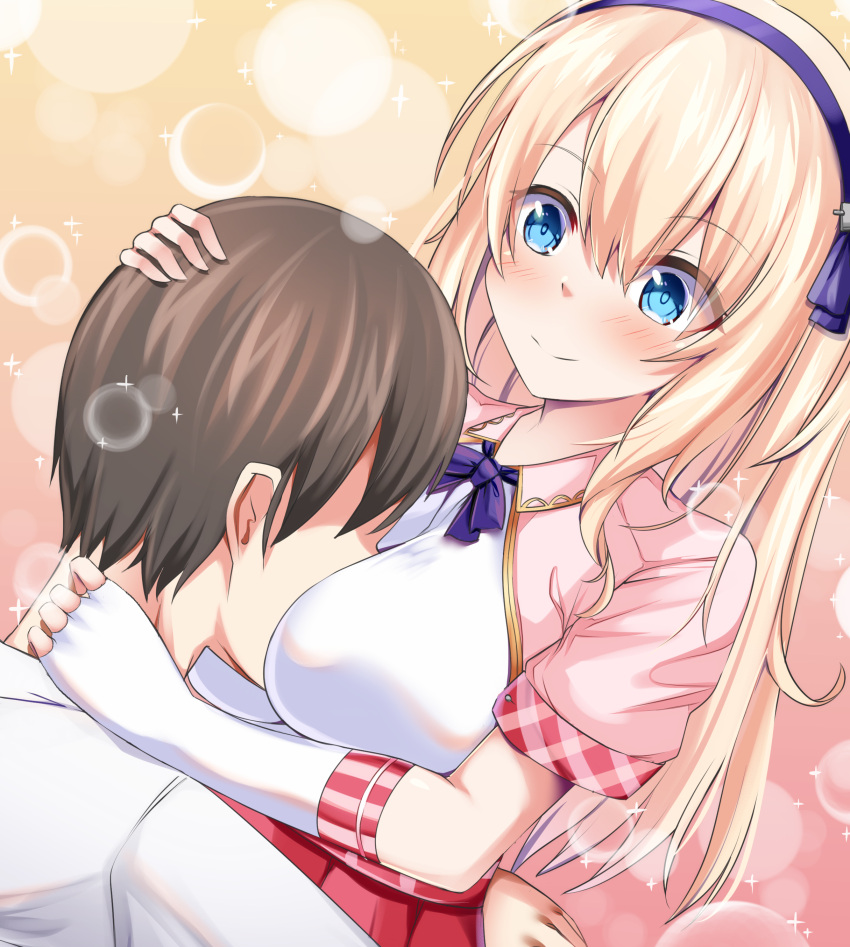 1boy, 1girl, absurdres, azur_lane, bangs, blonde_hair, blue_eyes, blue_ribbon
