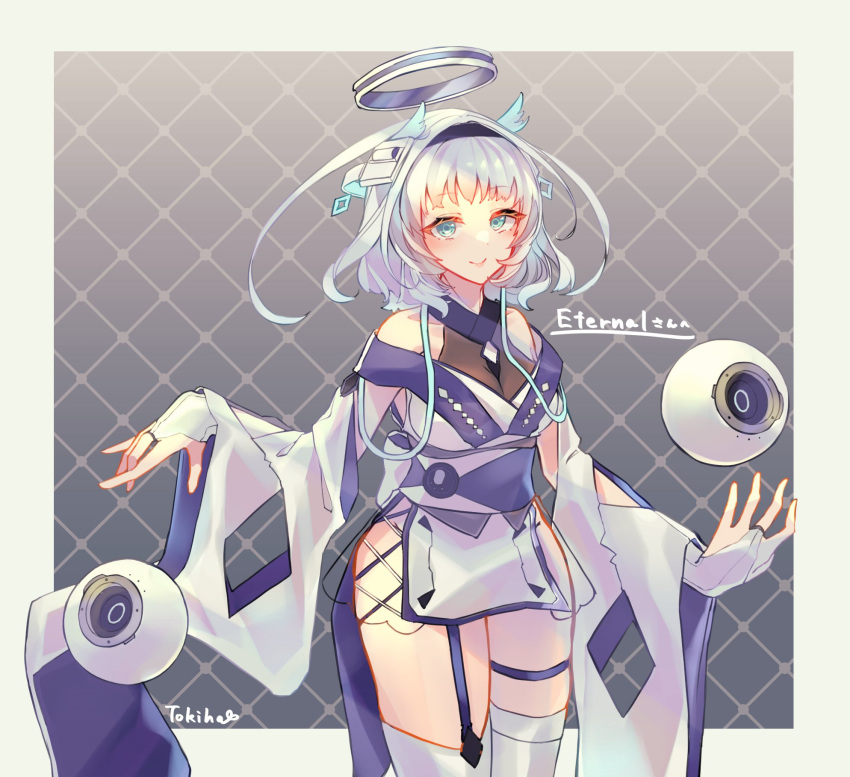 1girl, adapted_costume, artist_name, bangs, breasts, commission, english_commentary, eyebrows_visible_through_hair, hair_intakes, halo, highres, japanese_clothes, kamishiro_rita, kimono, medium_breasts, obi, prism_project, sash, second-party_source, short_hair, silver_hair, skeb_commission, smile, solo, thigh_strap, tokiha_suzumiya, virtual_youtuber