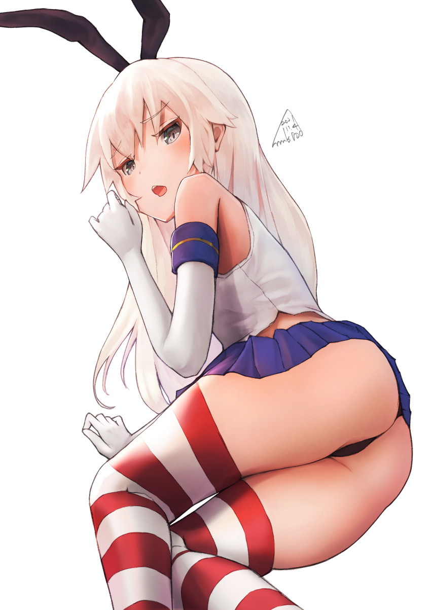 1girl, absurdres, black_panties, blonde_hair, blue_skirt, blush, crop_top, dated