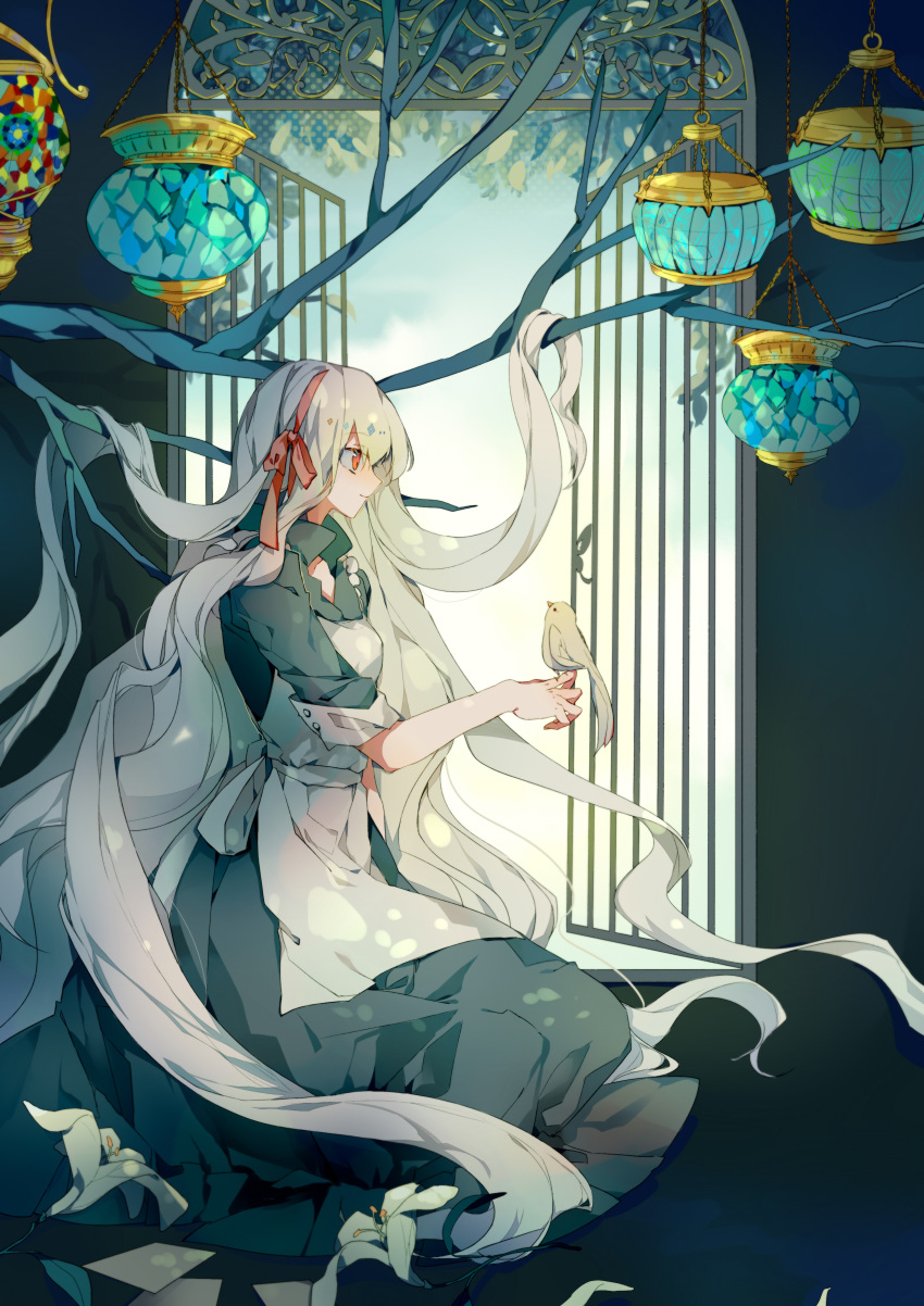 1girl, absurdres, apron, back_bow, bangs, bird, bird_on_hand, blue_dress