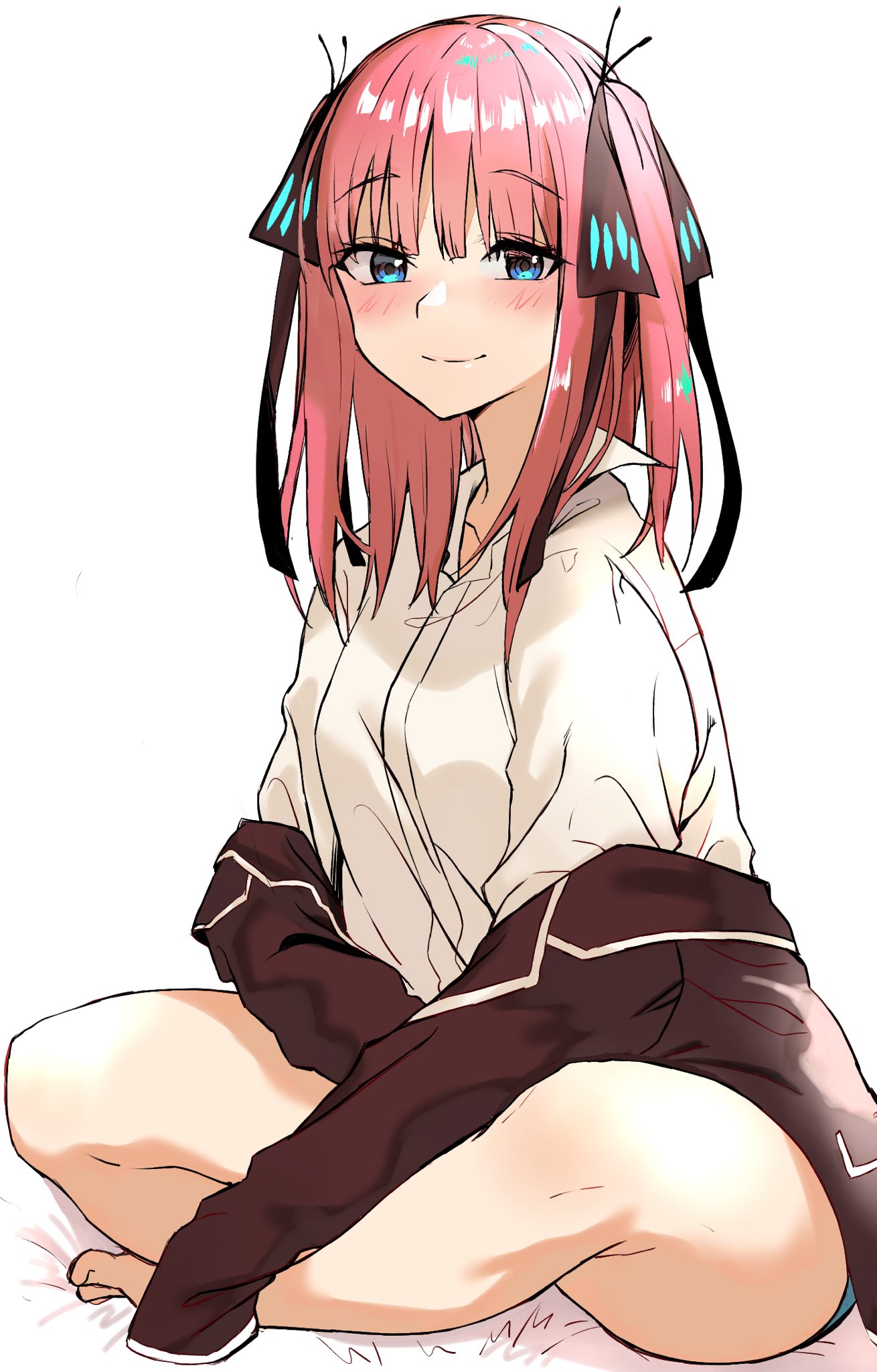 1girl, bangs, bare_legs, black_ribbon, blue_eyes, blunt_bangs, blush, go-toubun_no_hanayome