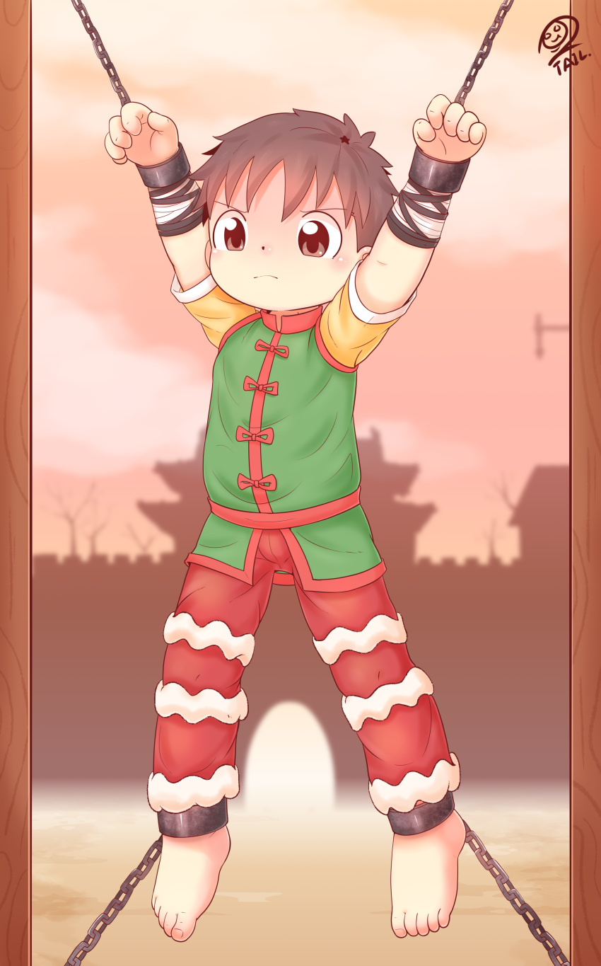 1boy, absurdres, barefoot, bdsm, bondage, bound, brown_eyes, brown_hair, closed_mouth, clouds, cloudy_sky, commentary, costume, highres, looking_at_viewer, male_focus, original, outdoors, pants, red_pants, sky, solo, solo_focus, xiao_weiba