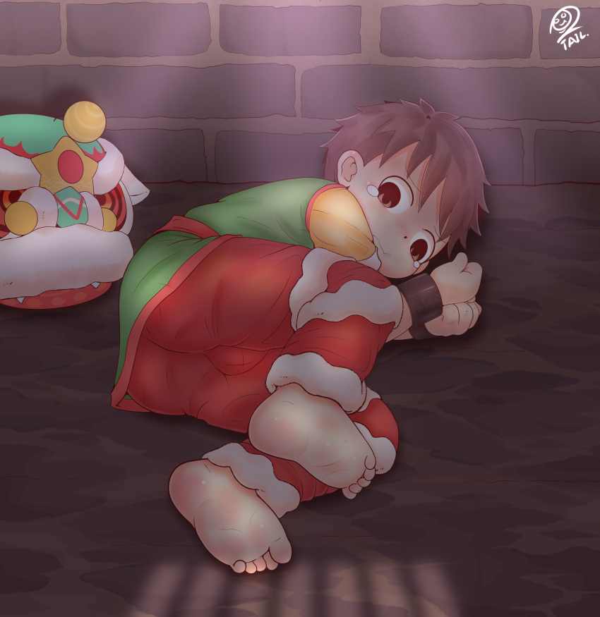 1boy, absurdres, barefoot, brown_eyes, brown_hair, closed_mouth, commentary, costume, highres, indoors, looking_at_viewer, male_focus, original, pants, prison, red_pants, solo, solo_focus, tears, xiao_weiba