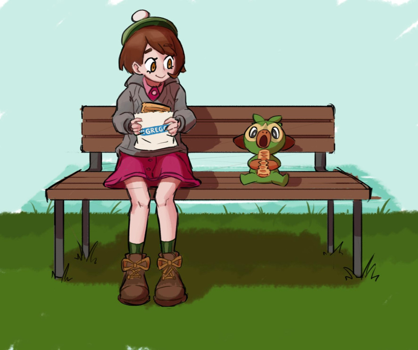 1girl, bag, bench, bob_cut, boots, brown_eyes, brown_footwear, brown_hair