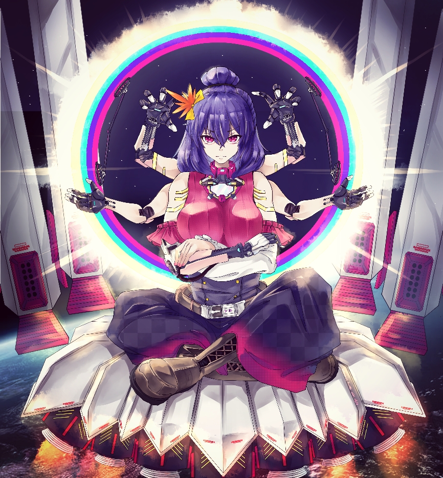 1girl, bangs, belt, blue_skirt, boots, breasts, brown_footwear, closed_mouth, cyberpunk, cyborg, earth_(planet), extra_arms, floating, hair_ornament, hakurei_fling, halo, joints, large_breasts, long_skirt, looking_at_viewer, mechanical_arms, medium_hair, mirror, planet, purple_hair, red_eyes, red_shirt, robot_joints, rocket, shirt, short_hair, skirt, sleeveless, solo, space, touhou, yasaka_kanako