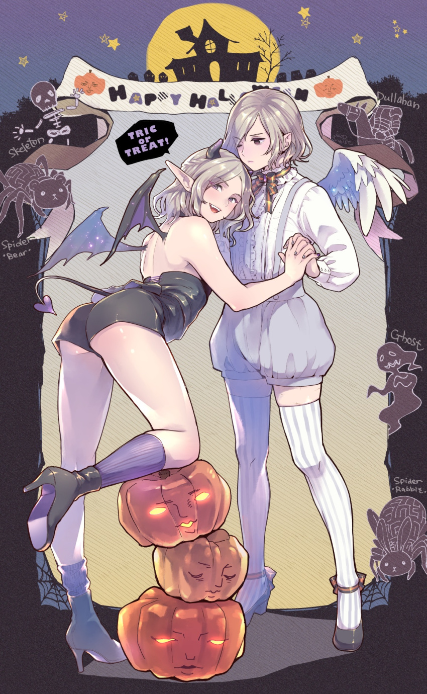 2boys, angel_and_devil, angel_wings, bare_shoulders, black_footwear, black_shorts, braid, brown_eyes