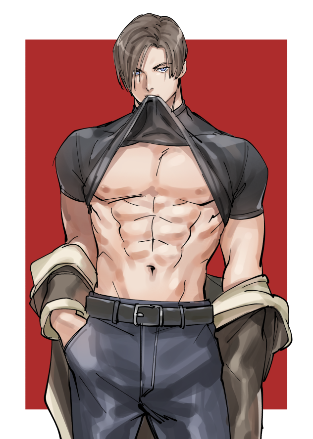 1boy, abs, bangs, belt, belt_buckle, black_belt, black_pants, black_shirt