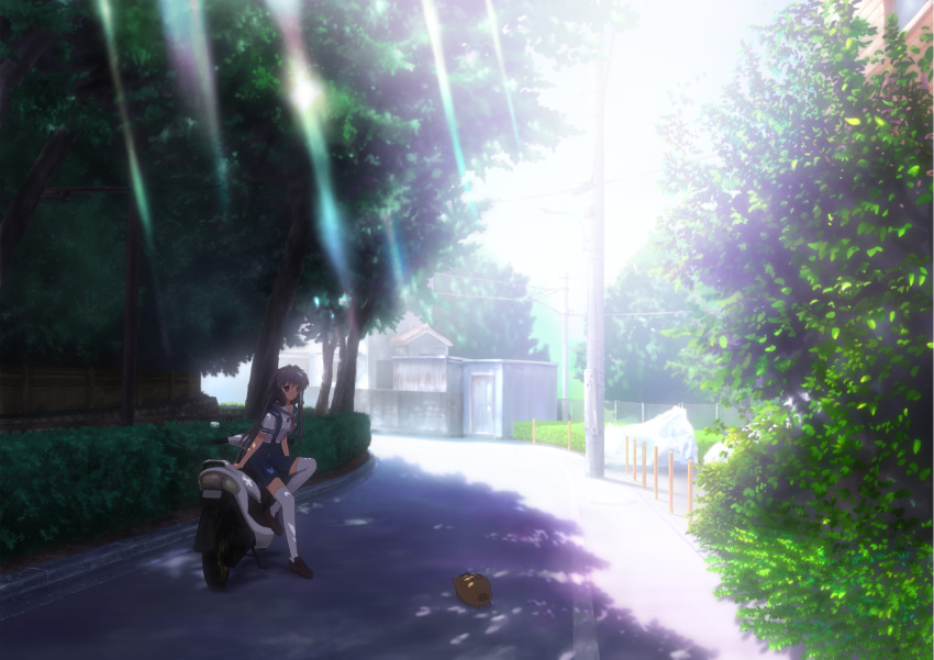 bad_id, botan, clannad, fujibayashi_kyou, highres, landscape, motor_vehicle, motorcycle