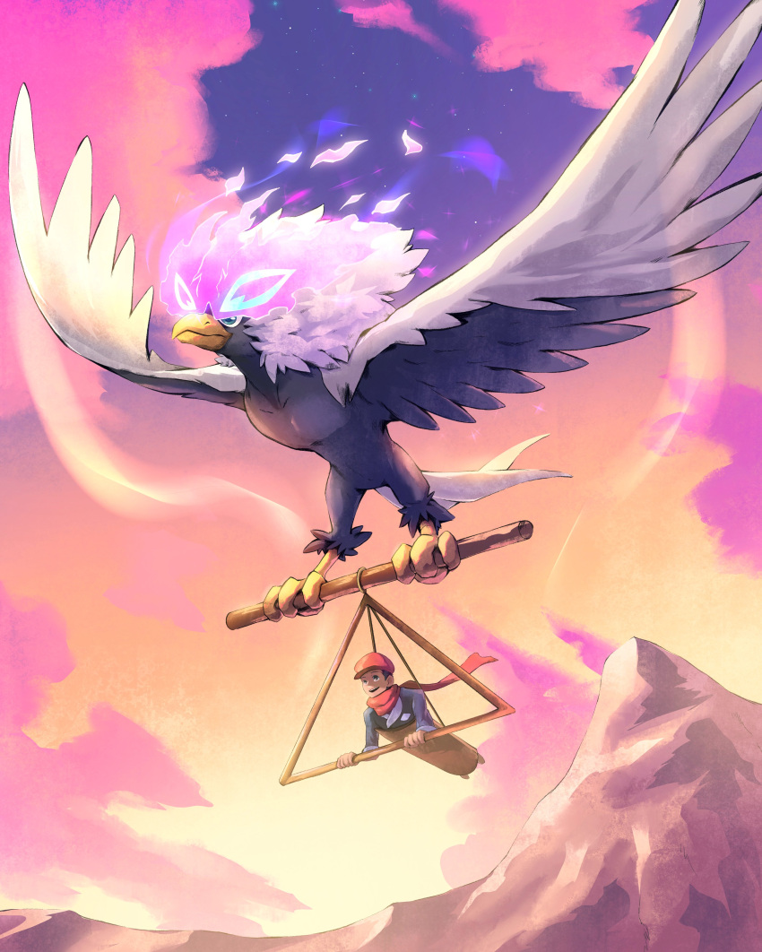 1boy, absurdres, beak, bird, clouds, commentary, english_commentary, floating_scarf
