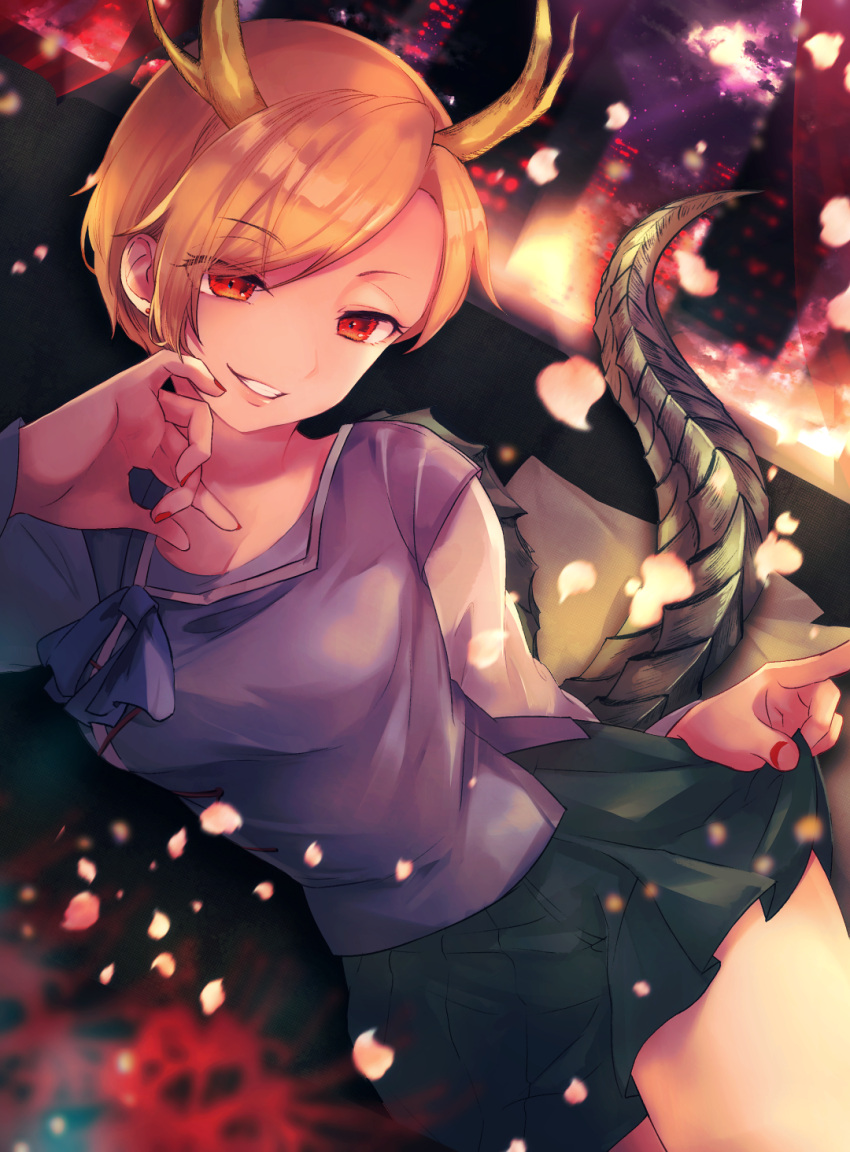 1girl, blonde_hair, blue_bow, blue_shirt, bow, breasts, building, commentary_request