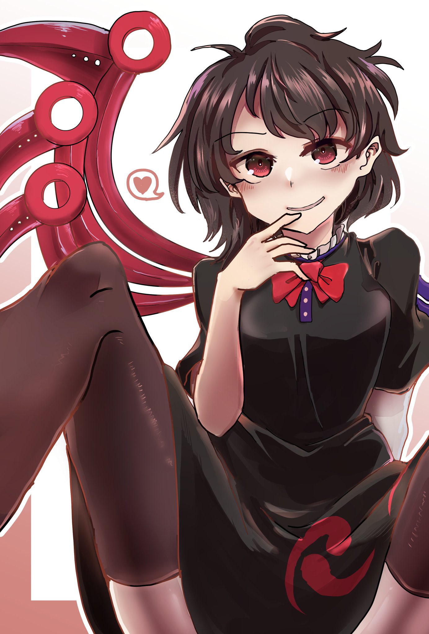 1girl, apapo, asymmetrical_wings, black_dress, black_hair, black_legwear, blue_wings, bow