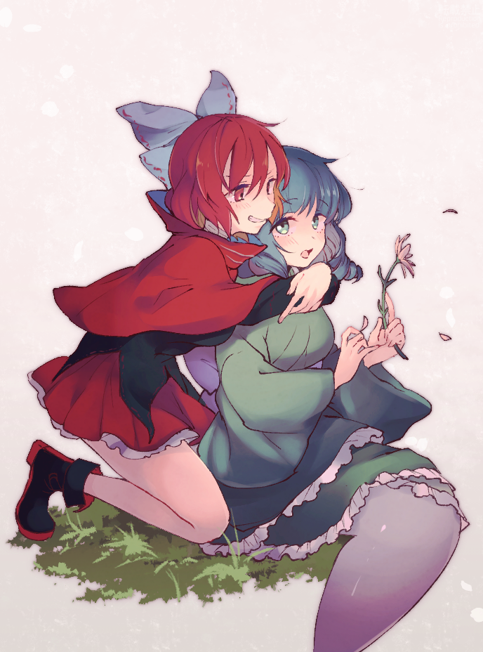 2girls, bangs, black_shirt, blue_bow, blue_eyes, blue_hair, blunt_bangs, blush