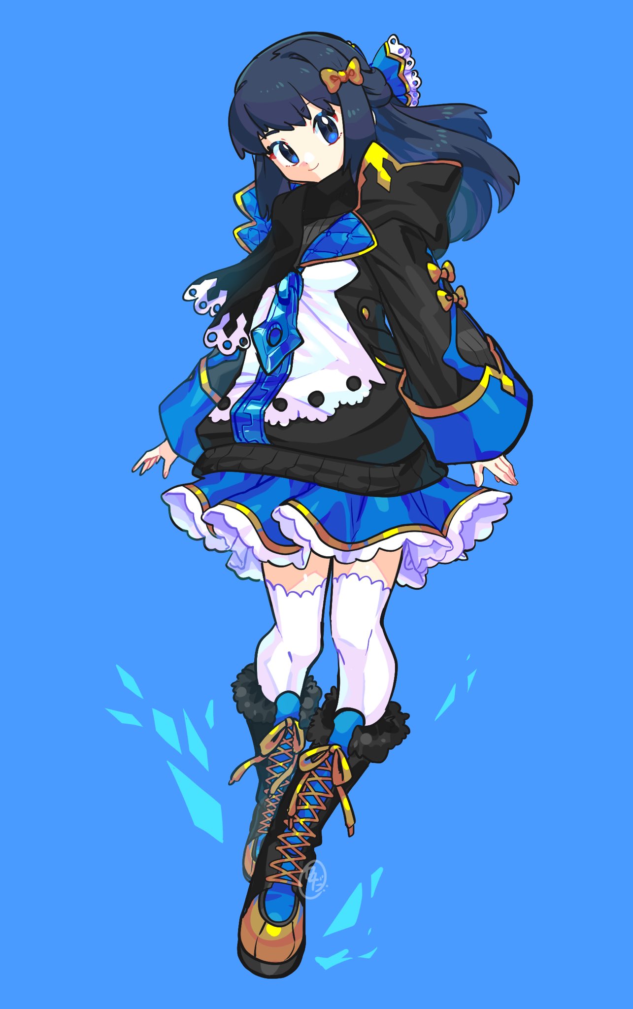 1girl, bangs, black_hair, black_jacket, black_scarf, blue_background, blue_eyes, blue_ribbon, blue_skirt, boots, bow, closed_mouth, commentary_request, cosplay, empoleon, empoleon_(cosplay), frills, full_body, hair_bow, hair_ribbon, highres, hikari_(pokemon), hood, hood_down, hooded_jacket, jacket, kamota_(momokomati), long_hair, long_sleeves, looking_at_viewer, pokemon, pokemon_(game), pokemon_dppt, ribbon, scarf, simple_background, skirt, smile, solo, thigh-highs, white_legwear