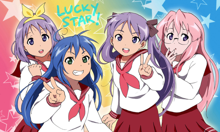 blue_hair, green_eyes, hatemi, hiiragi_kagami, hiiragi_tsukasa, izumi_konata, k-on!, long_hair, lucky_star, parody, purple_eyes, purple_hair, ribbon, school_uniform, serafuku, style_parody, takara_miyuki, twintails, v, violet_eyes