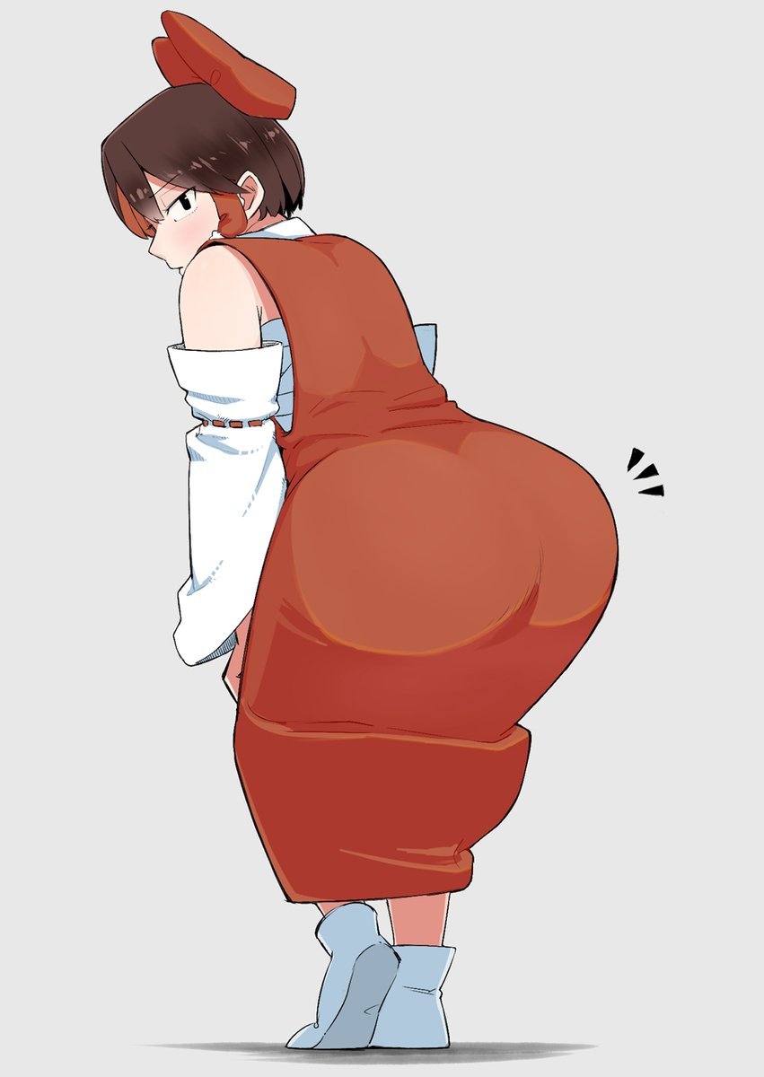 1girl, ass, bad_id, bad_twitter_id, bangs, black_eyes, bow, brown_hair