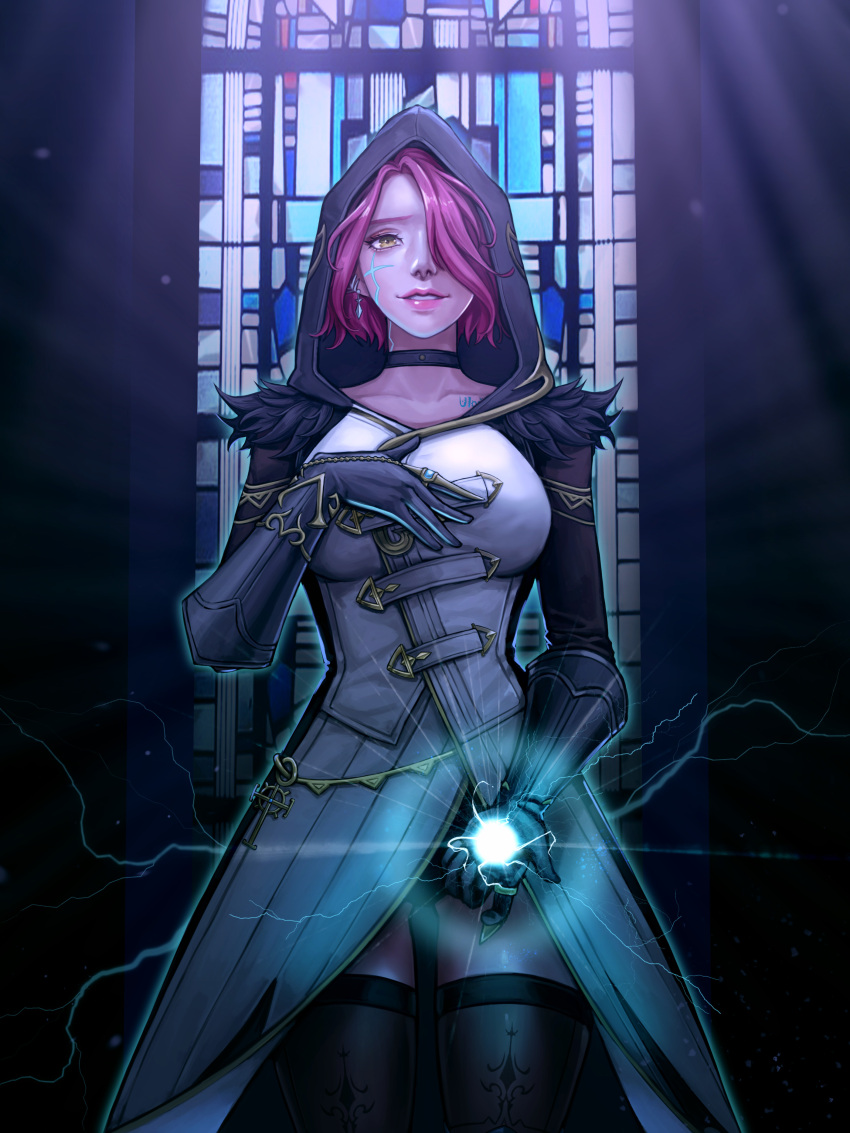 1girl, absurdres, black_choker, black_gloves, black_legwear, breasts, brown_eyes, choker