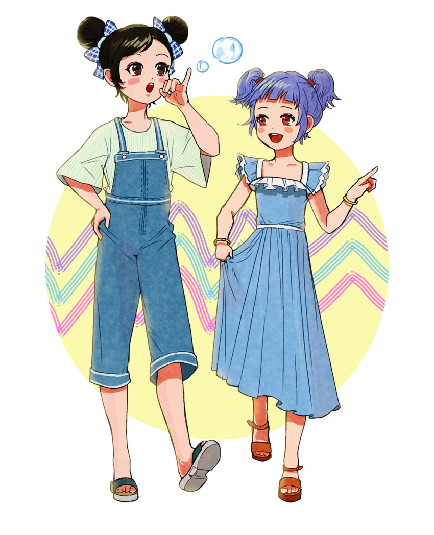 2girls, :d, bangs, black_eyes, black_hair, blue_dress, blue_hair, blush