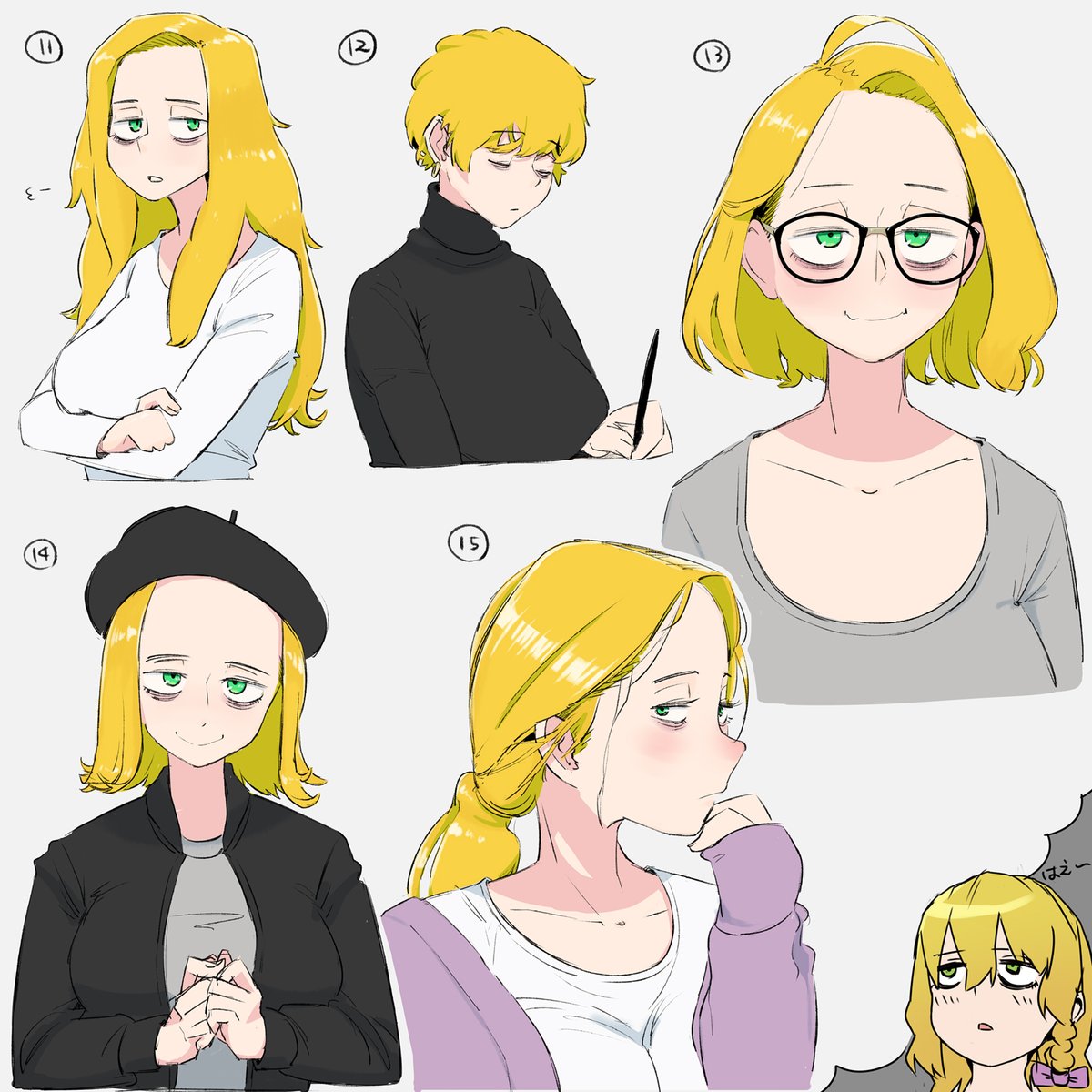 1girl, alternate_costume, alternate_hairstyle, bad_id, bad_twitter_id, bags_under_eyes, bangs, beret